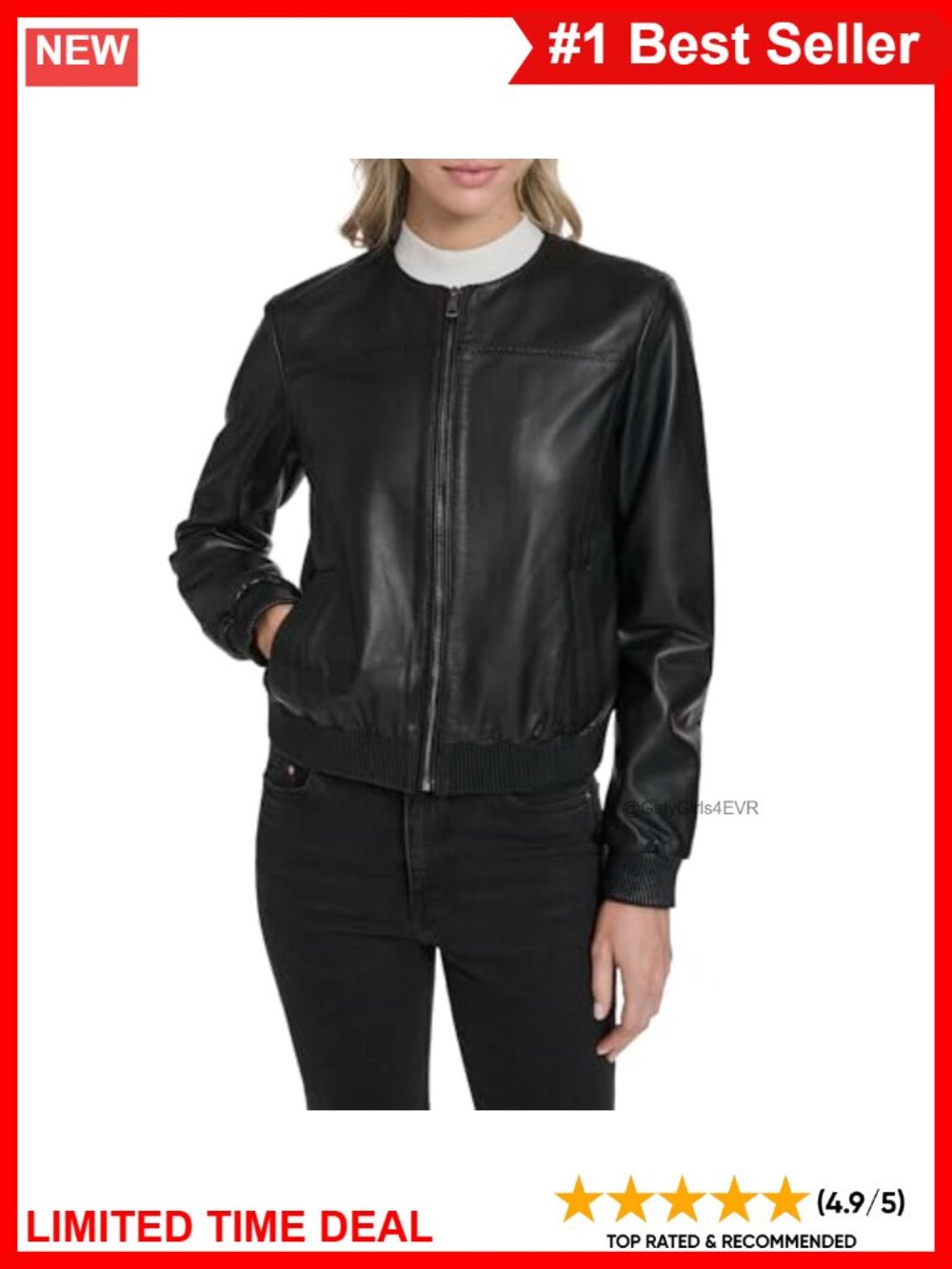 Leather Bomber Jacket Collarless Hand-Stitched Women's Casual Zip